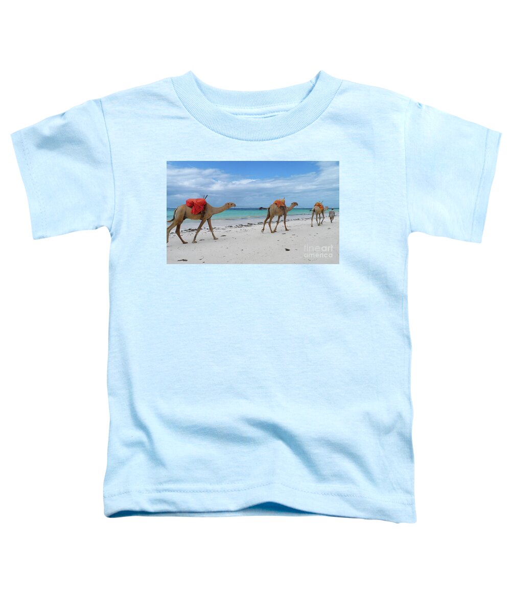 Beach Toddler T-Shirt featuring the photograph Camels crossing a white beach in Mombasa, Kenya by Mendelex Photography