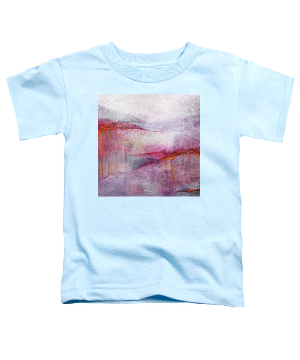 Red Toddler T-Shirt featuring the painting CLIMATE CHANGE III Abstract Landscape Sunset in Red Pink Purple Orange Gray by Lynnie Lang