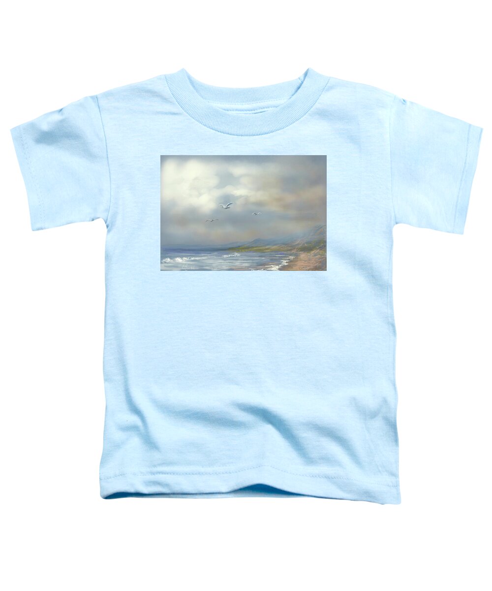 Beach Toddler T-Shirt featuring the painting Cloudy day at the beach #2 by Laila Awad Jamaleldin