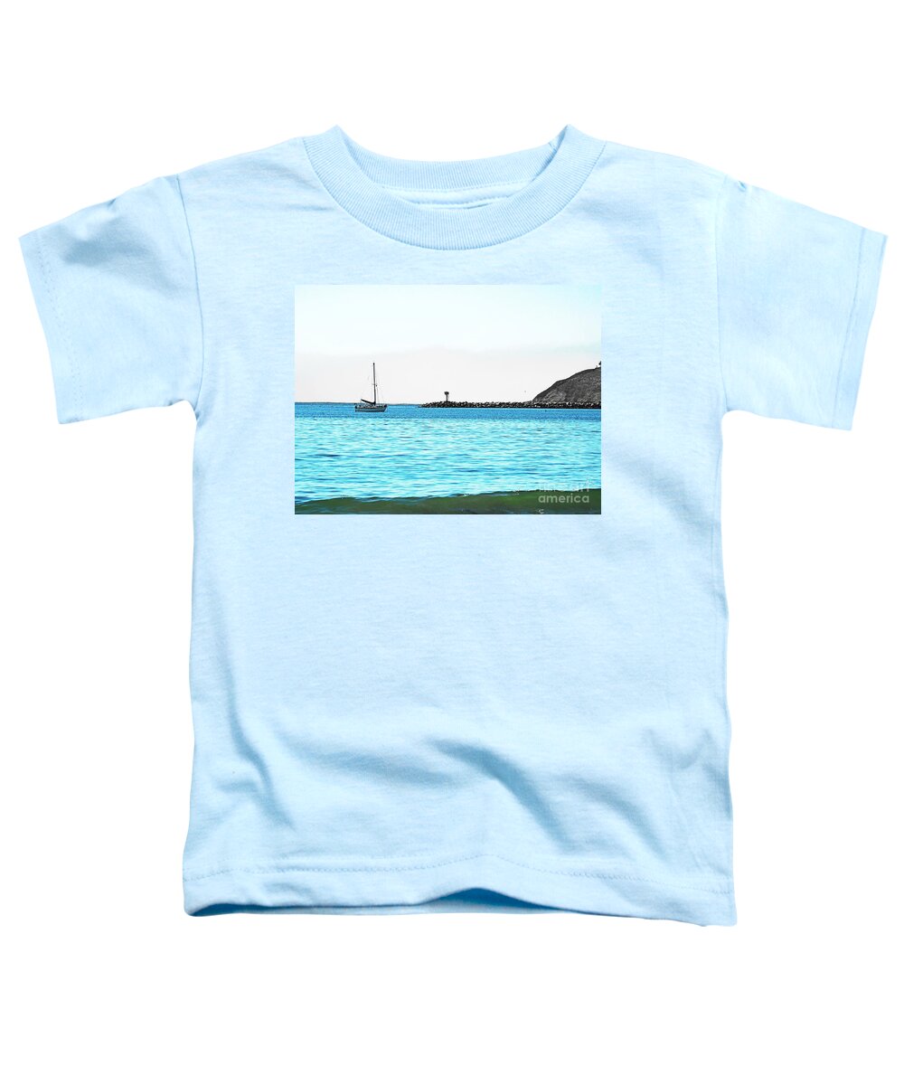 Travel Seascape Boat Beach Bodega Bay Northern California Coastline Ocean Jetty Surf Tide Blue Sky Fog Bank Waves Relaxing Summer Pastel Color Toddler T-Shirt featuring the photograph Doran Beach High Tide Summer by Richard Thomas