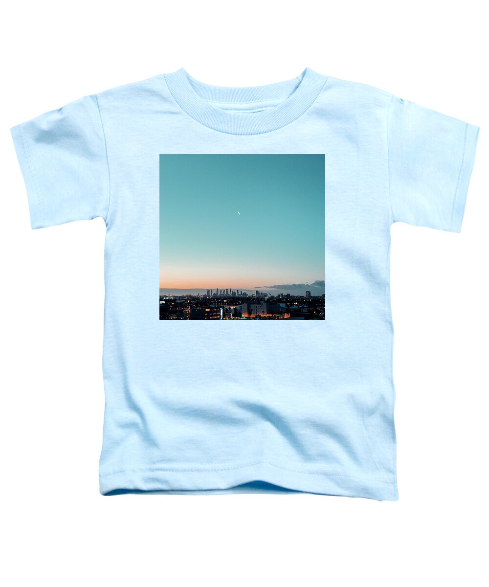 Downtown Los Angeles Skyline Crescent Moon Toddler T-Shirt featuring the photograph Downtown Los Angeles Skyline Crescent Moon by Jera Sky