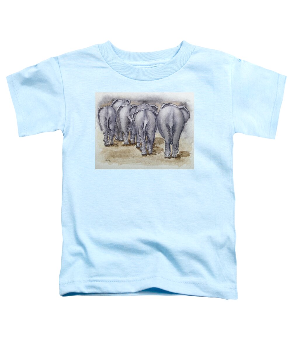Elephant Herds Toddler T-Shirt featuring the painting Elephants Leaving...No Butts about it by Kelly Mills