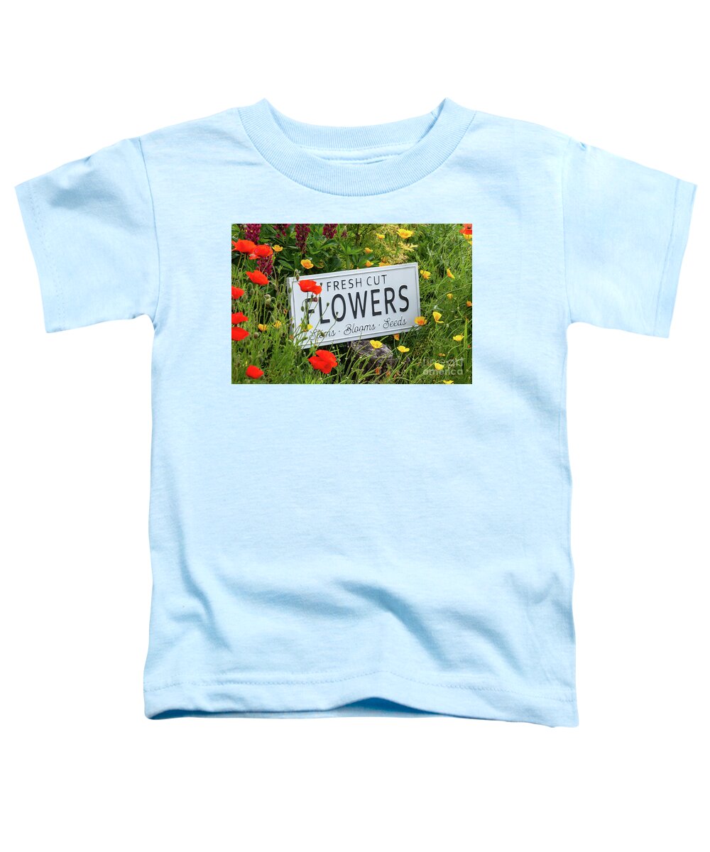 Flowers Toddler T-Shirt featuring the photograph Garden flowers with fresh cut flower sign 0765 by Simon Bratt
