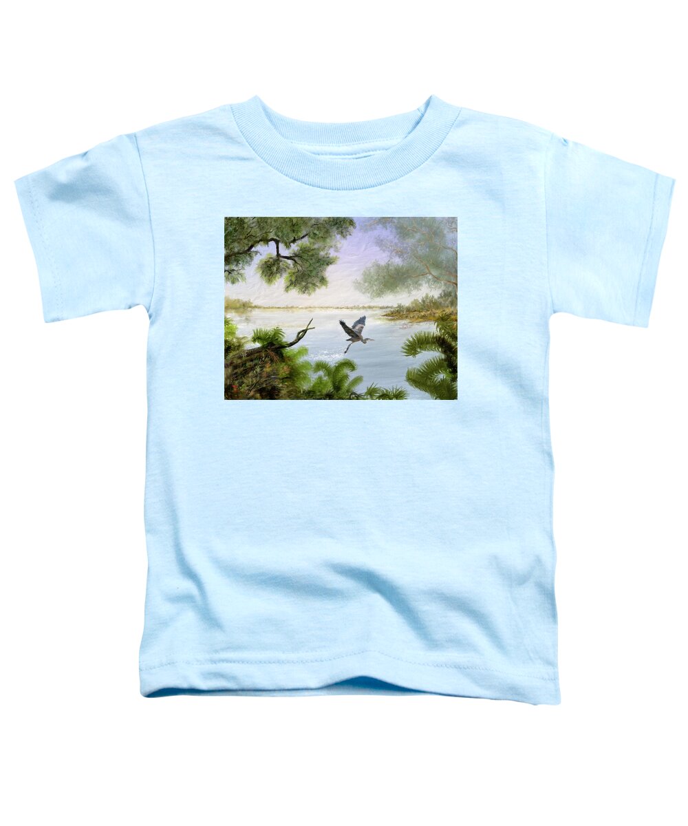Great Blue Heron Toddler T-Shirt featuring the digital art Great Blue Heron Taking Flight by Marilyn Cullingford