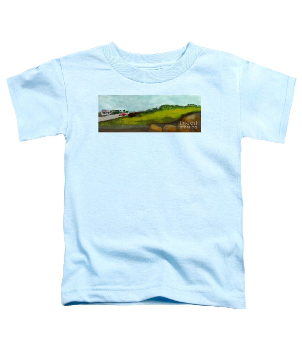 Van Toddler T-Shirt featuring the digital art Henry the Red Van and stan the cold drinks man by Julie Grimshaw