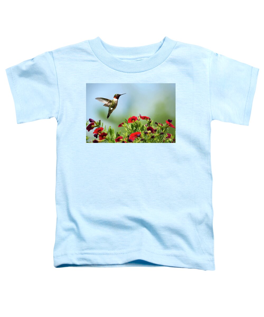 Hummingbird Toddler T-Shirt featuring the photograph Hummingbird Frolic with Flowers by Christina Rollo
