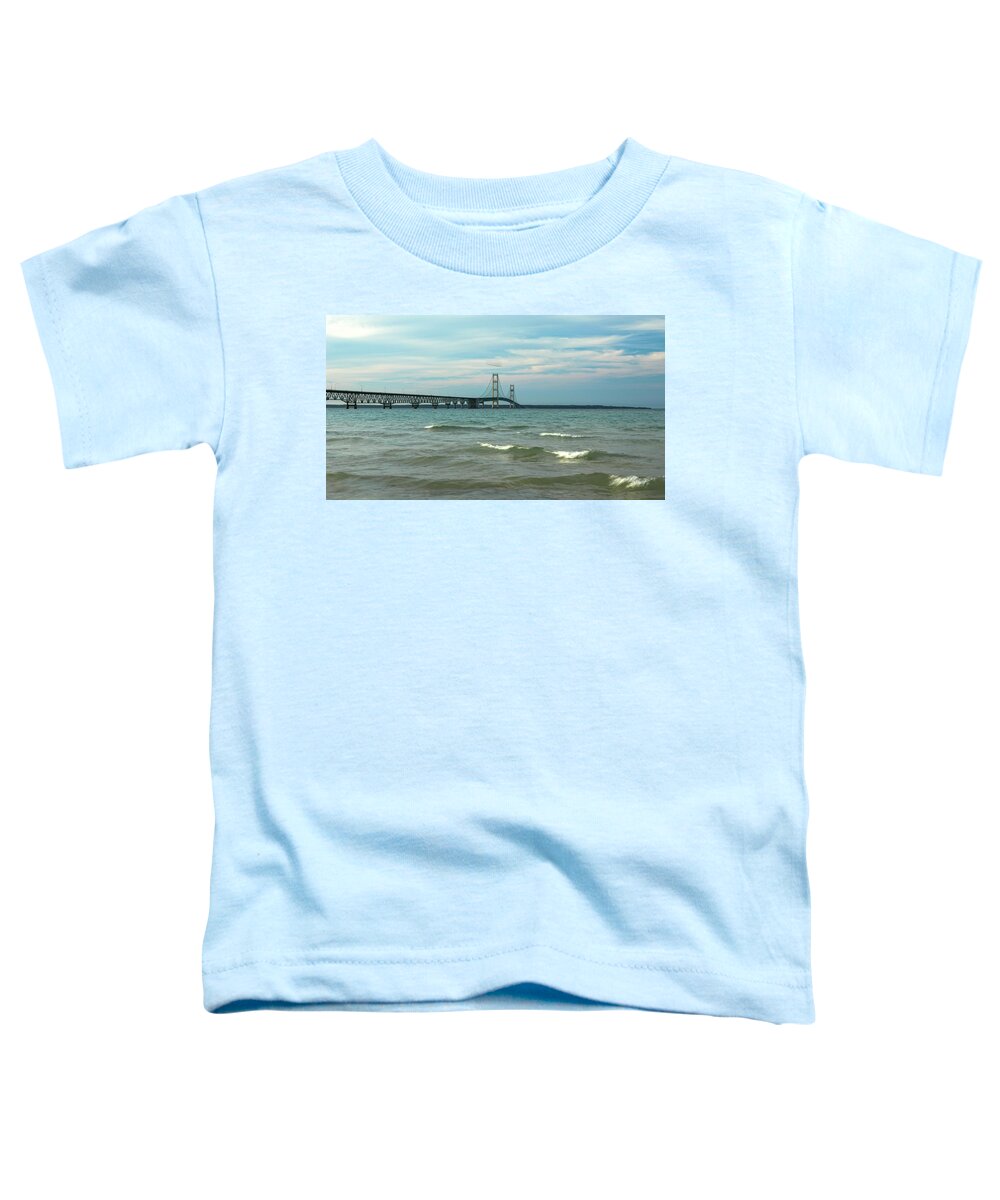 Mackinac Bridge And Waves Panorama Toddler T-Shirt featuring the photograph Mackinac Bridge And Waves Panorama by Dan Sproul