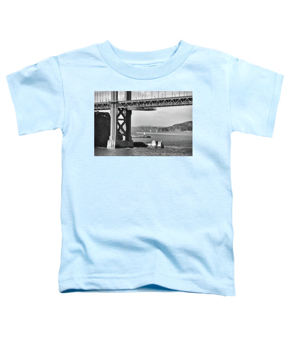 Golden Gate Bridge Toddler T-Shirt featuring the photograph Old Lime Point Fog Station and Sailboats Under Golden Gate Bridge San Francisco Black and White by Shawn O'Brien