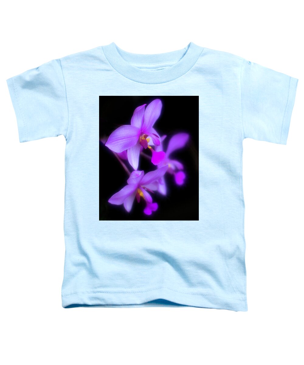 Purple Toddler T-Shirt featuring the photograph Purple Orchids on Black by Teresa Wilson