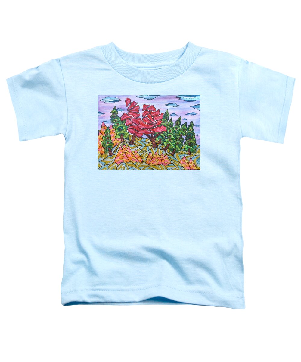 Trees Tree Landscape Abstract Ontario Canada Decor Decrotive Office Group Of Seven Red Mask Pillow Cushion Outdoors Woods Forrest Toddler T-Shirt featuring the painting Red Maple Ridge by Bradley Boug