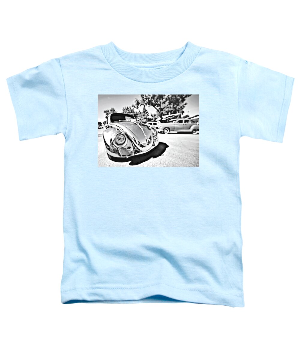 Volks Wagon Toddler T-Shirt featuring the photograph Silver Shine VW Beetle bw by Cathy Anderson
