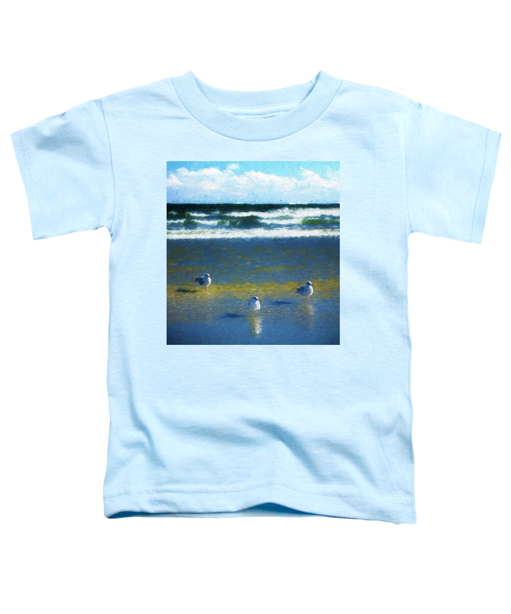Beach Toddler T-Shirt featuring the photograph Three Birds on Outer Banks Beach ap by Dan Carmichael