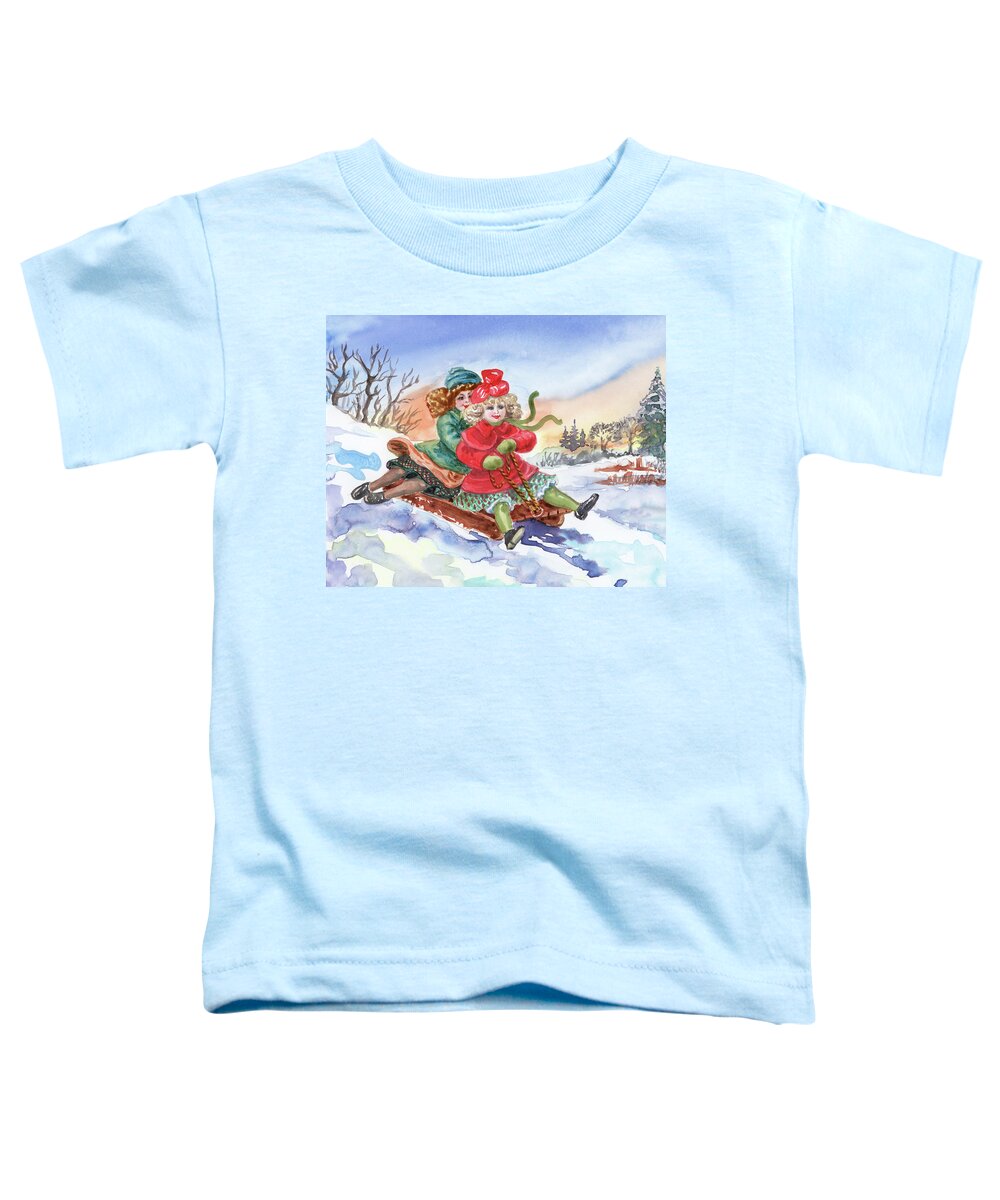 Two Girls Toddler T-Shirt featuring the painting Two Girls Sledding Down The Snowy Hill Watercolor by Irina Sztukowski