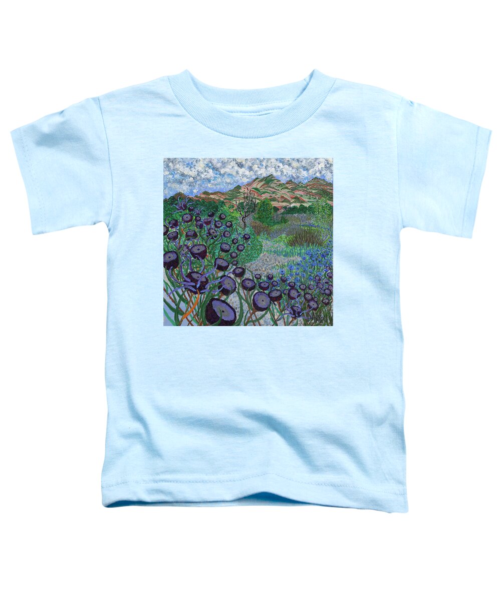 California Landscapes Toddler T-Shirt featuring the painting Violet afternoon in the city of angels. Santa Susana Pass, Los Angeles. by ArtStudio Mateo