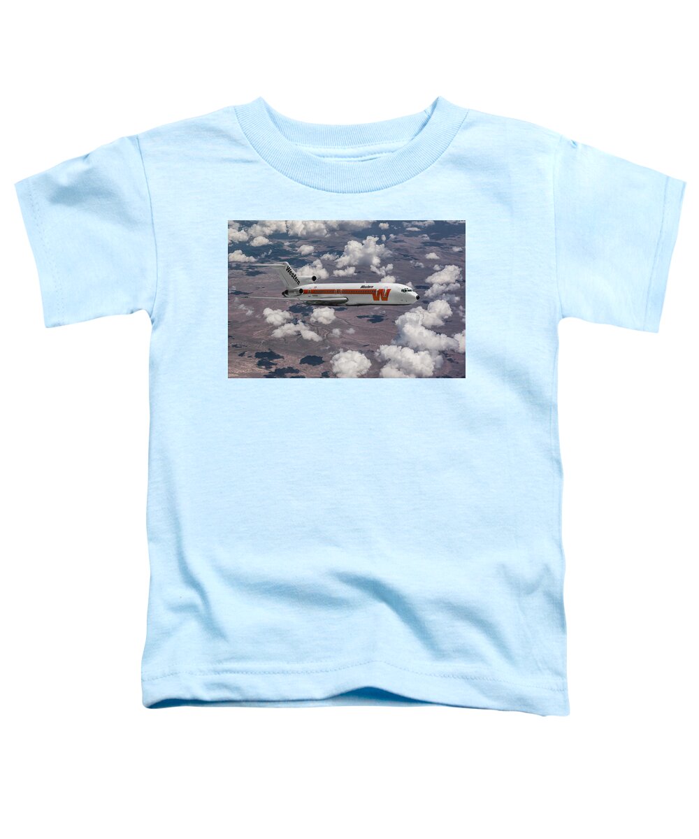 Western Airlines Toddler T-Shirt featuring the mixed media Western Airlines Boeing 727-247 by Erik Simonsen