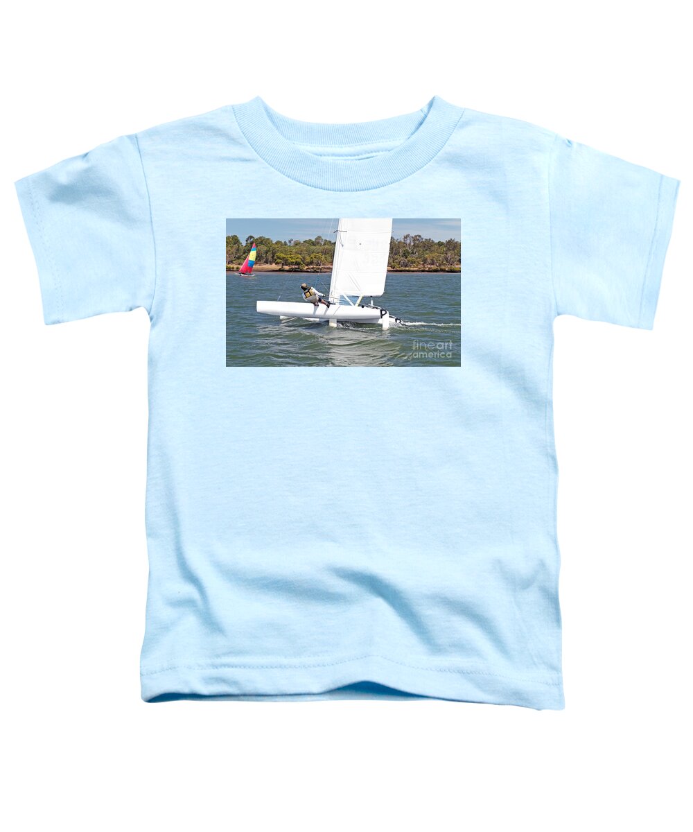 Csne22 Toddler T-Shirt featuring the photograph Youth Sailing small catamaran boat with a white sail, Bundaberg, by Geoff Childs