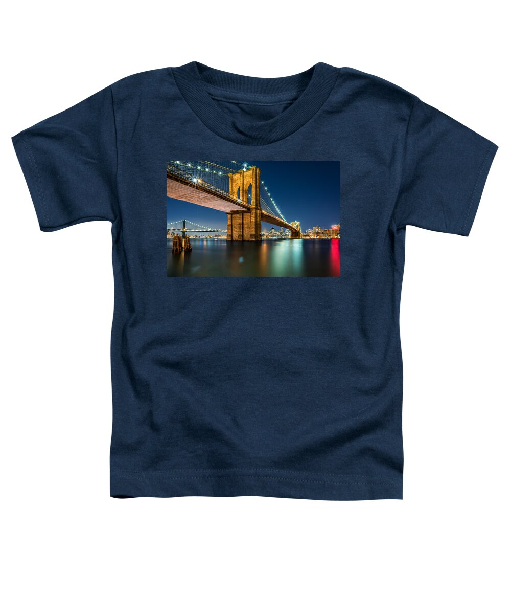 Architecture Toddler T-Shirt featuring the photograph Illuminated Brooklyn Bridge by night #1 by Mihai Andritoiu