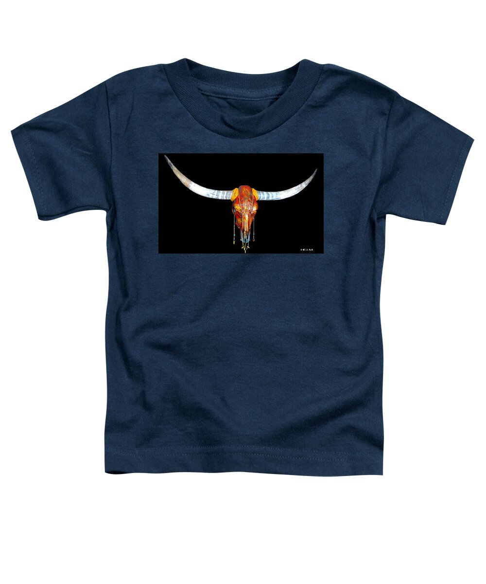  Longhorn Paintings Toddler T-Shirt featuring the mixed media Red and Gold Illuminating Longhorn Skull #1 by Mayhem Mediums