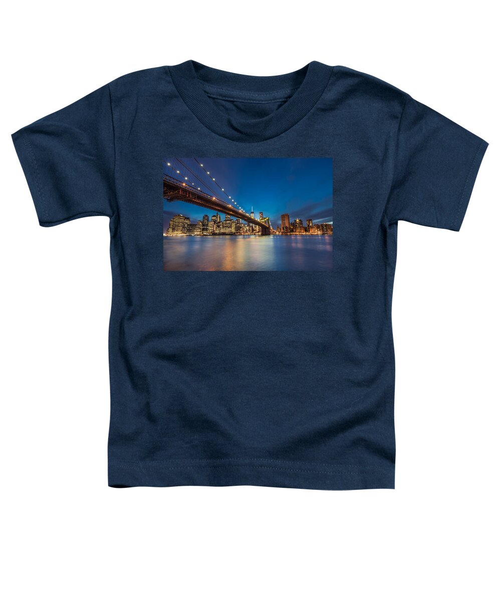 Cityscape Toddler T-Shirt featuring the photograph Brooklyn Bridge - Manhattan Skyline by Larry Marshall