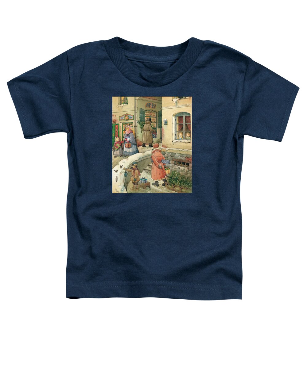 Christmas Greeting Cards Season Winter Snow Holiday Toddler T-Shirt featuring the painting Christmas in the Town by Kestutis Kasparavicius