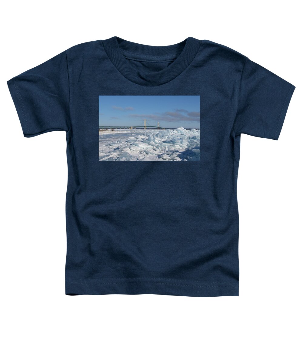 Ice Windrow Toddler T-Shirt featuring the photograph Mackinac Bridge with ice windrow by Keith Stokes