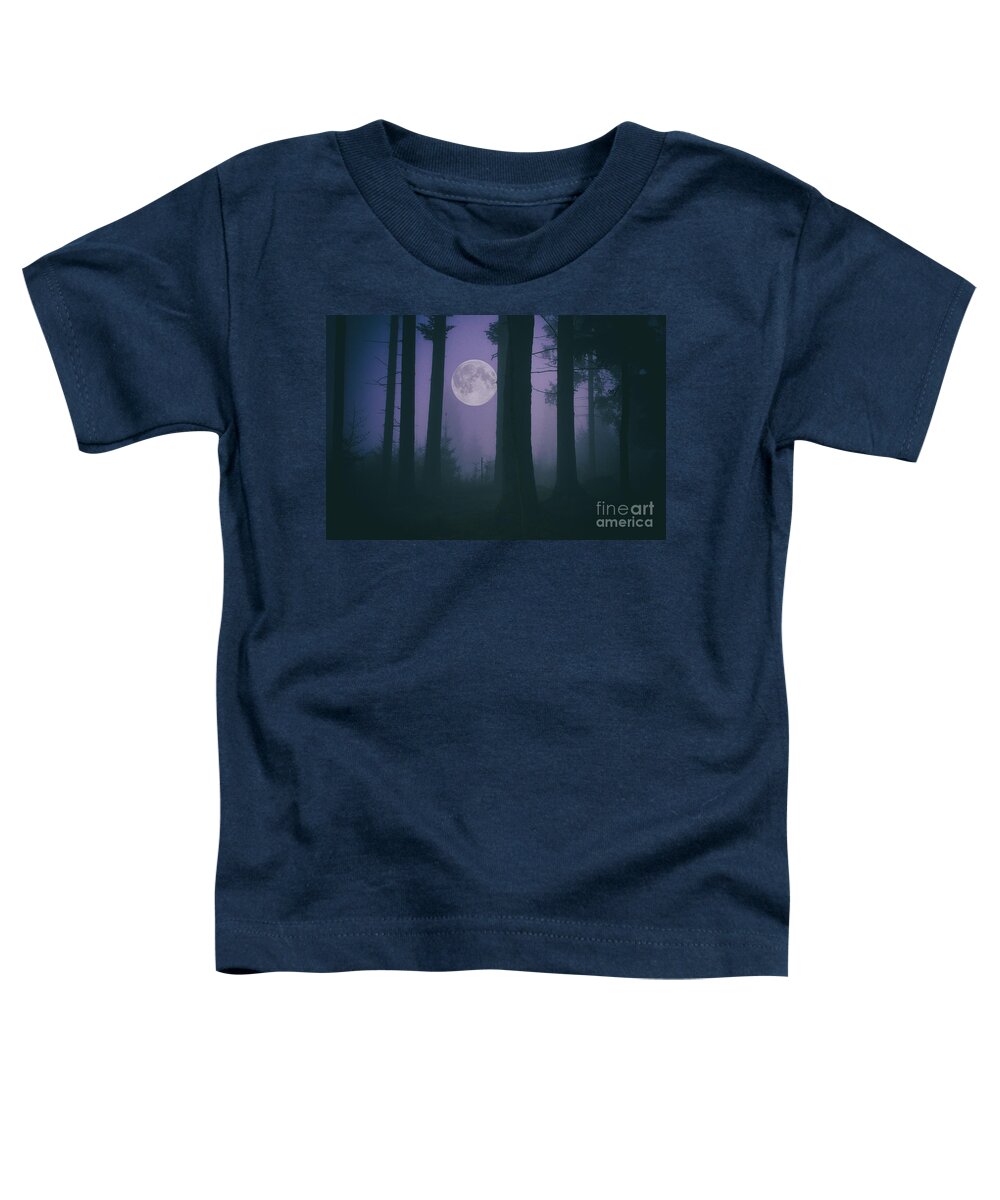 Landscape Toddler T-Shirt featuring the photograph Moon and Fog in a Forest by Sabine Jacobs
