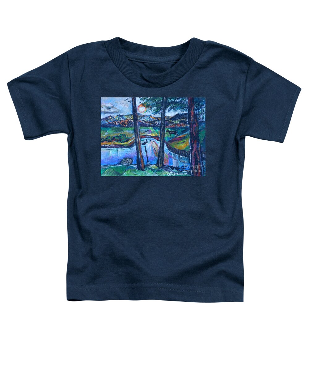 Pelican Toddler T-Shirt featuring the painting Pelican and Moose In Landscape by Stan Esson