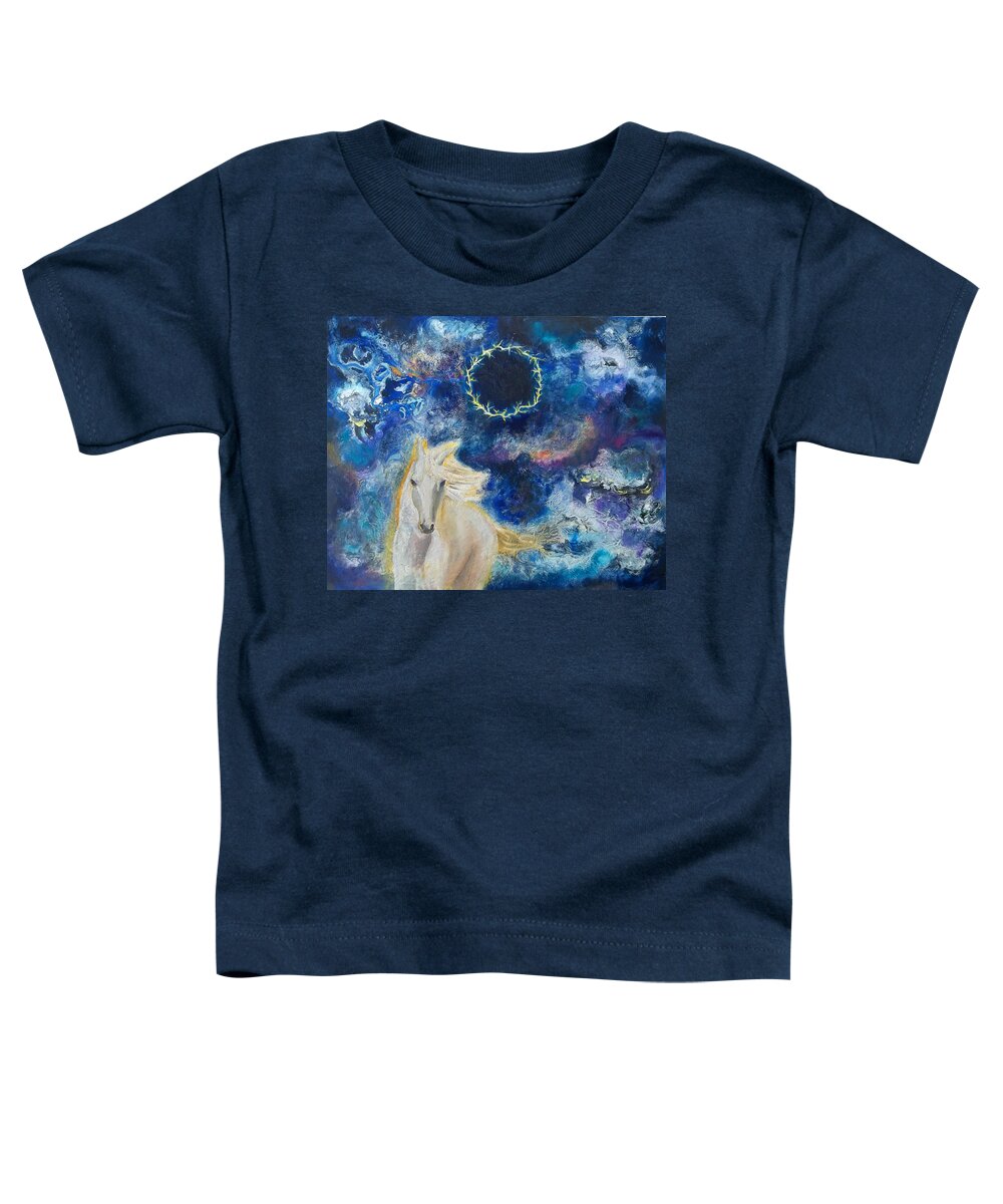 Prophetic Toddler T-Shirt featuring the painting Prophetic Message Sketch Painting 6 Ring of Lightning White Horse by Anne Cameron Cutri