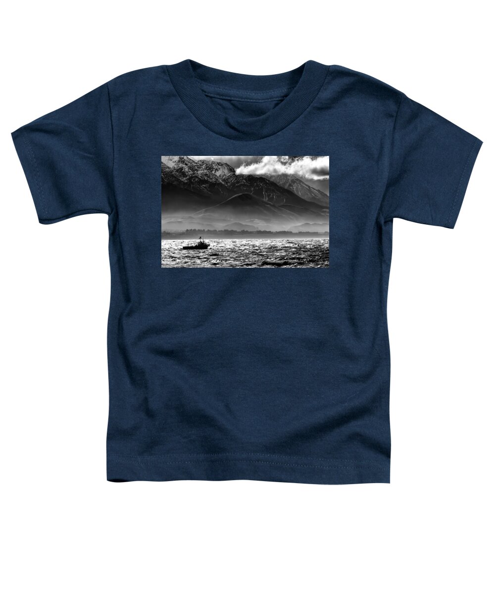 Rough Sea Toddler T-Shirt featuring the photograph Rough Seas Kaikoura New Zealand In Black And White by Amanda Stadther