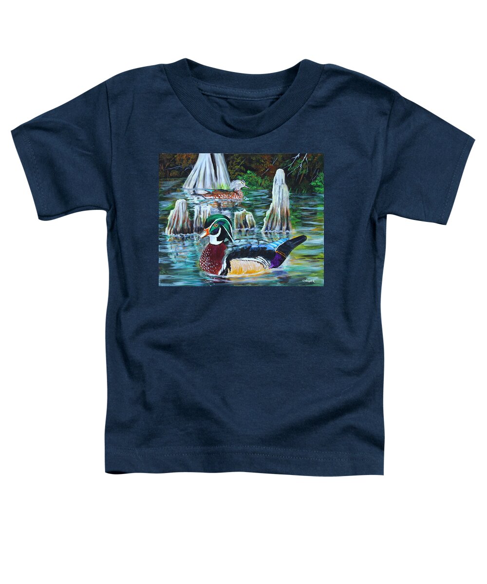 Wood Ducks Toddler T-Shirt featuring the painting Woodies on the Bayou #1 by Karl Wagner