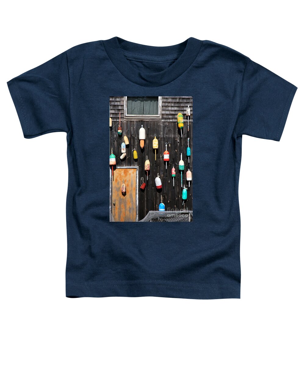 Bar Harbor Toddler T-Shirt featuring the photograph Lobster Shack with Brightly Colored Buoys by Karen Lee Ensley
