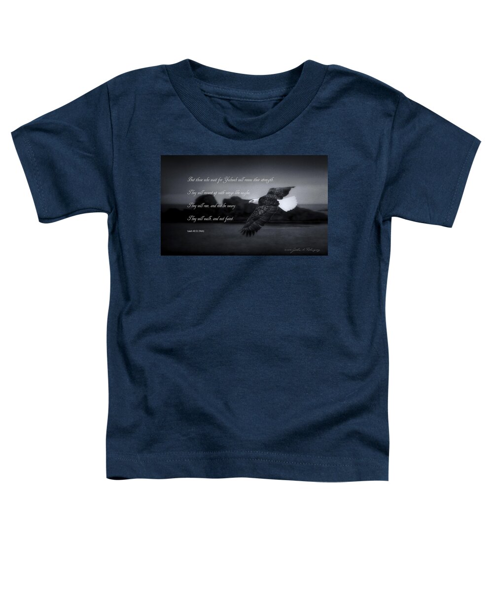 Bald Eagle Toddler T-Shirt featuring the photograph Bald Eagle in Flight With Bible Verse by John A Rodriguez