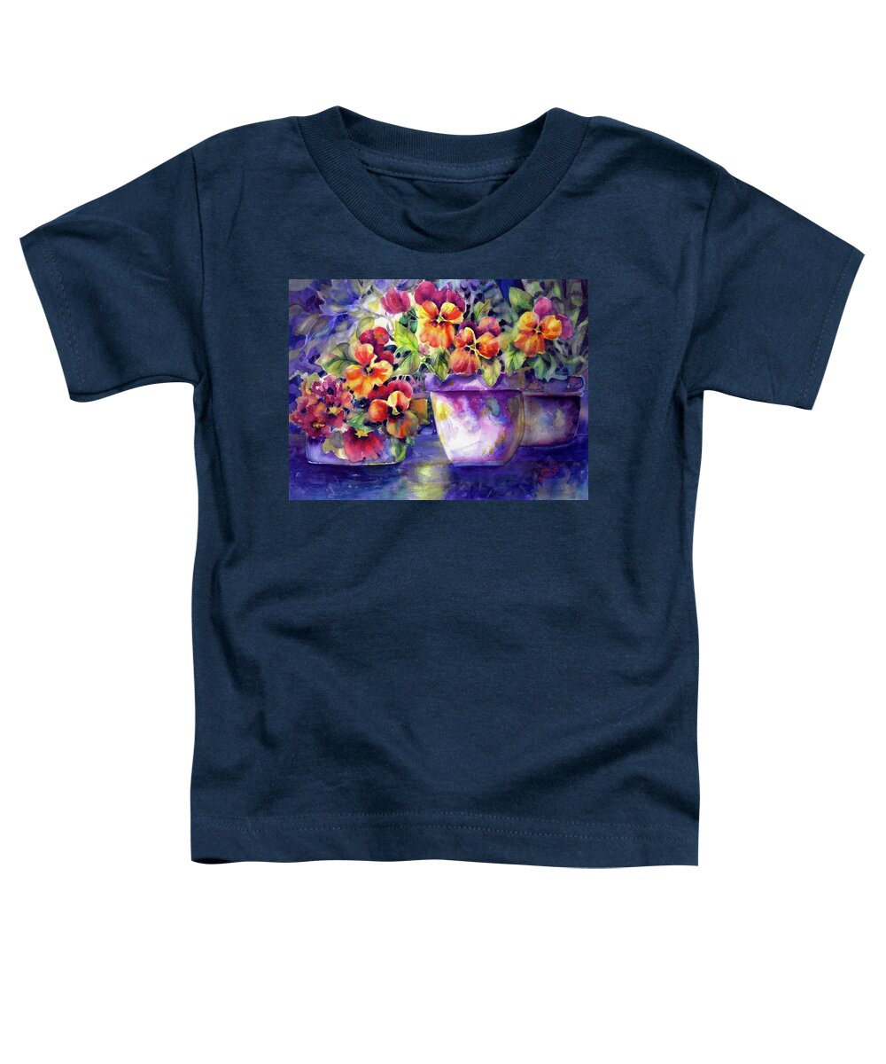 Watercolor Toddler T-Shirt featuring the painting Patio Pansies #1 by Ann Nicholson