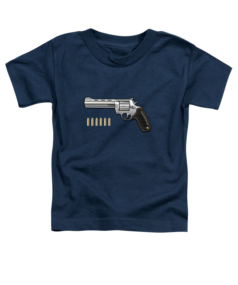 'the Armory' Collection By Serge Averbukh Toddler T-Shirt featuring the digital art .44 Magnum Colt Anaconda with Ammo on Blue Velvet #44 by Serge Averbukh