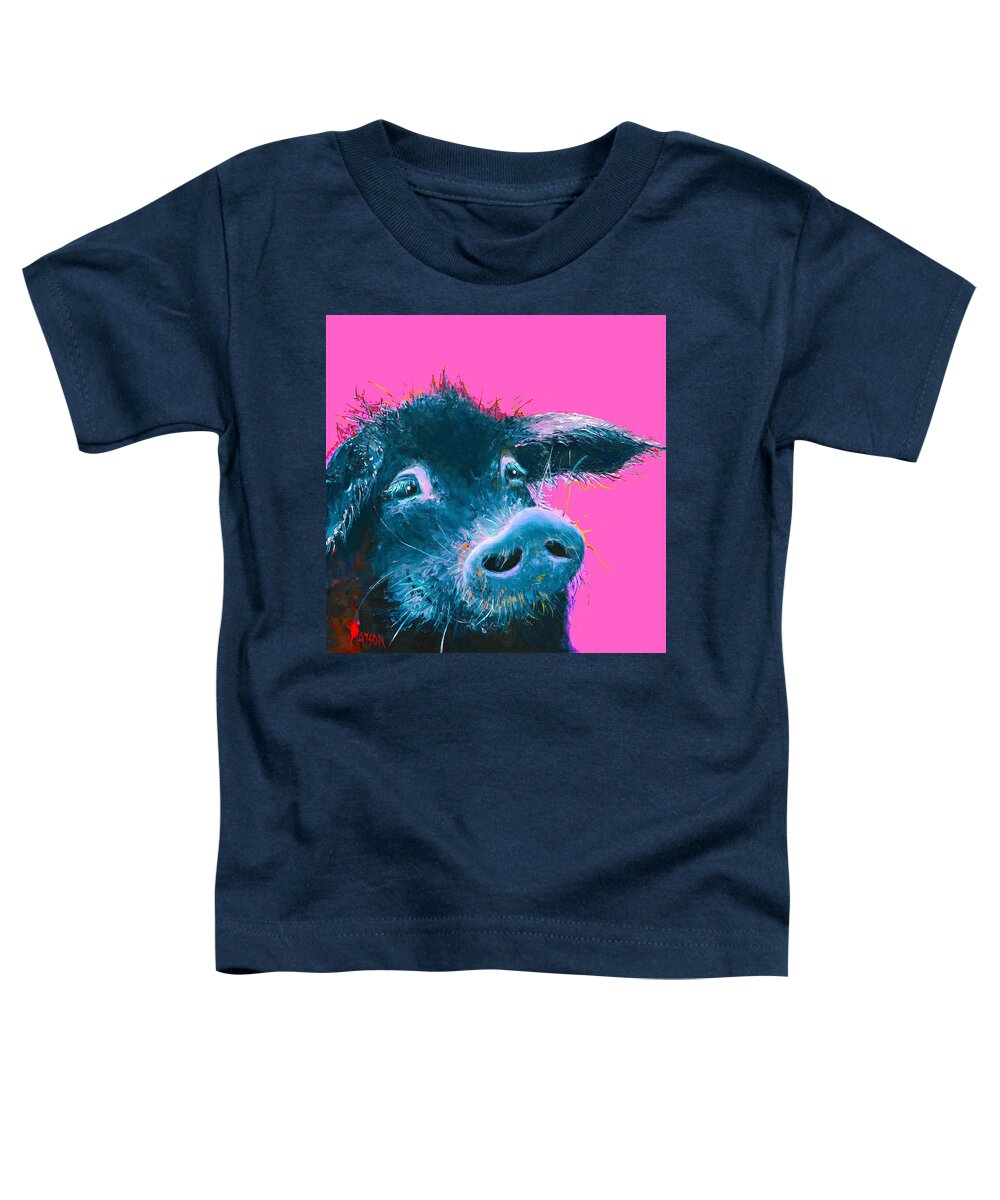 Pig Toddler T-Shirt featuring the painting Black Pig painting on pink background by Jan Matson