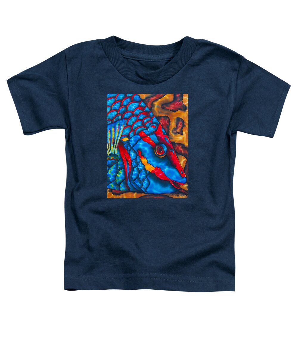 Diving Toddler T-Shirt featuring the painting Colourful Parrotfish - Brain Coral by Daniel Jean-Baptiste