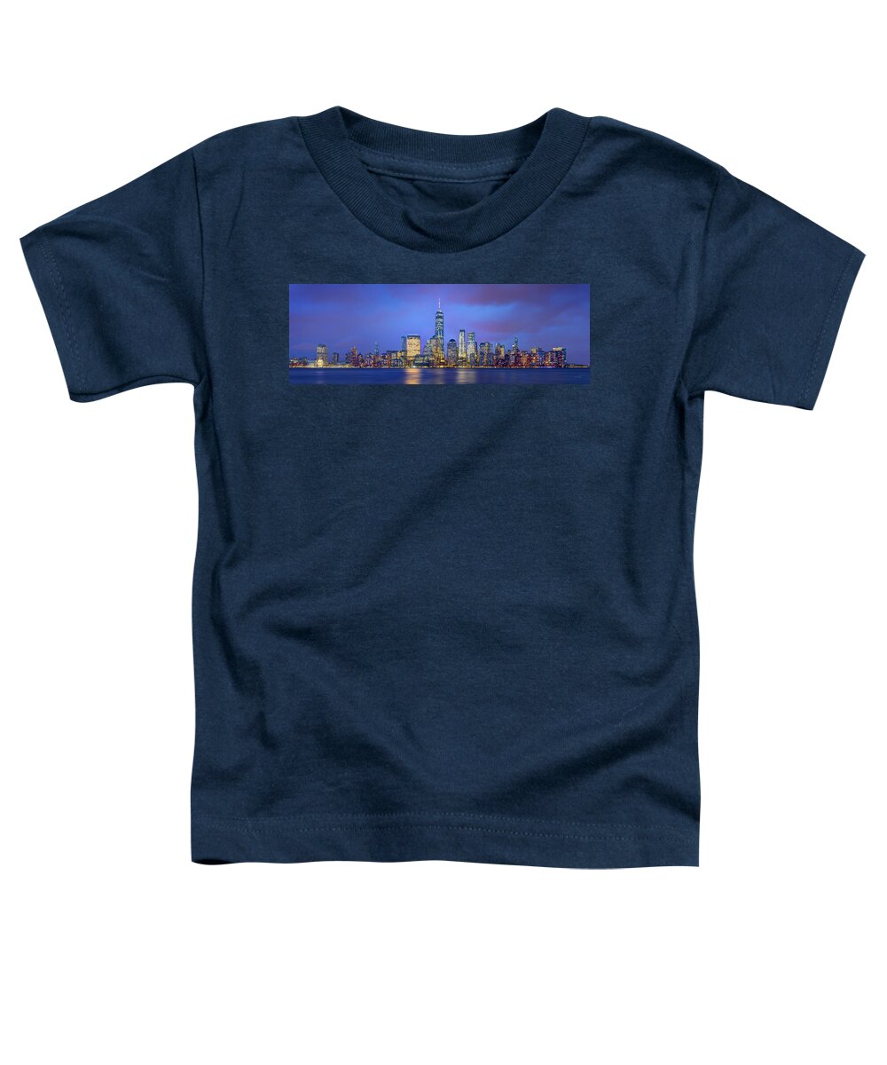 New York City Skyline Dusk Toddler T-Shirt featuring the photograph New York City 2018 Freedom Tower World Trade Center WTC Lower Manhattan NYC by Jon Holiday