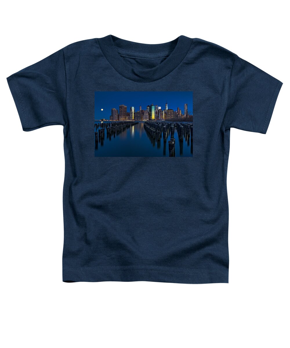 World Trade Center Toddler T-Shirt featuring the photograph New York City Moonset by Susan Candelario