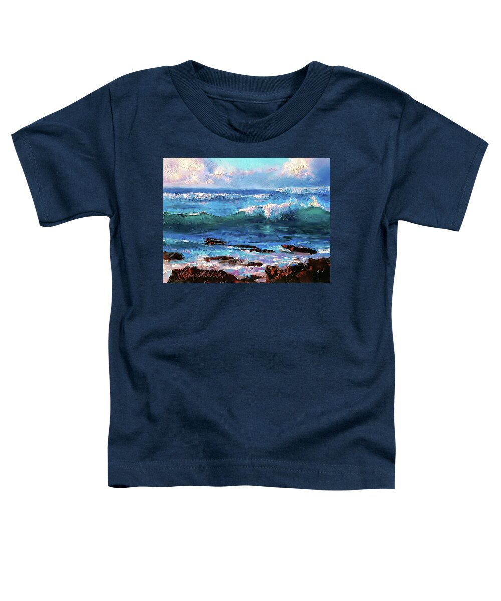 Seascape Toddler T-Shirt featuring the painting Coastal Ocean Sunset at Turtle Bay, Oahu Hawaii Beach seascape by K Whitworth