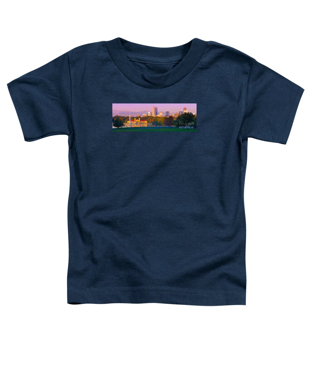 Denver Toddler T-Shirt featuring the photograph Panorama of Denver Skyline from Museum of Nature and Science - City Park Denver Colorado by Silvio Ligutti