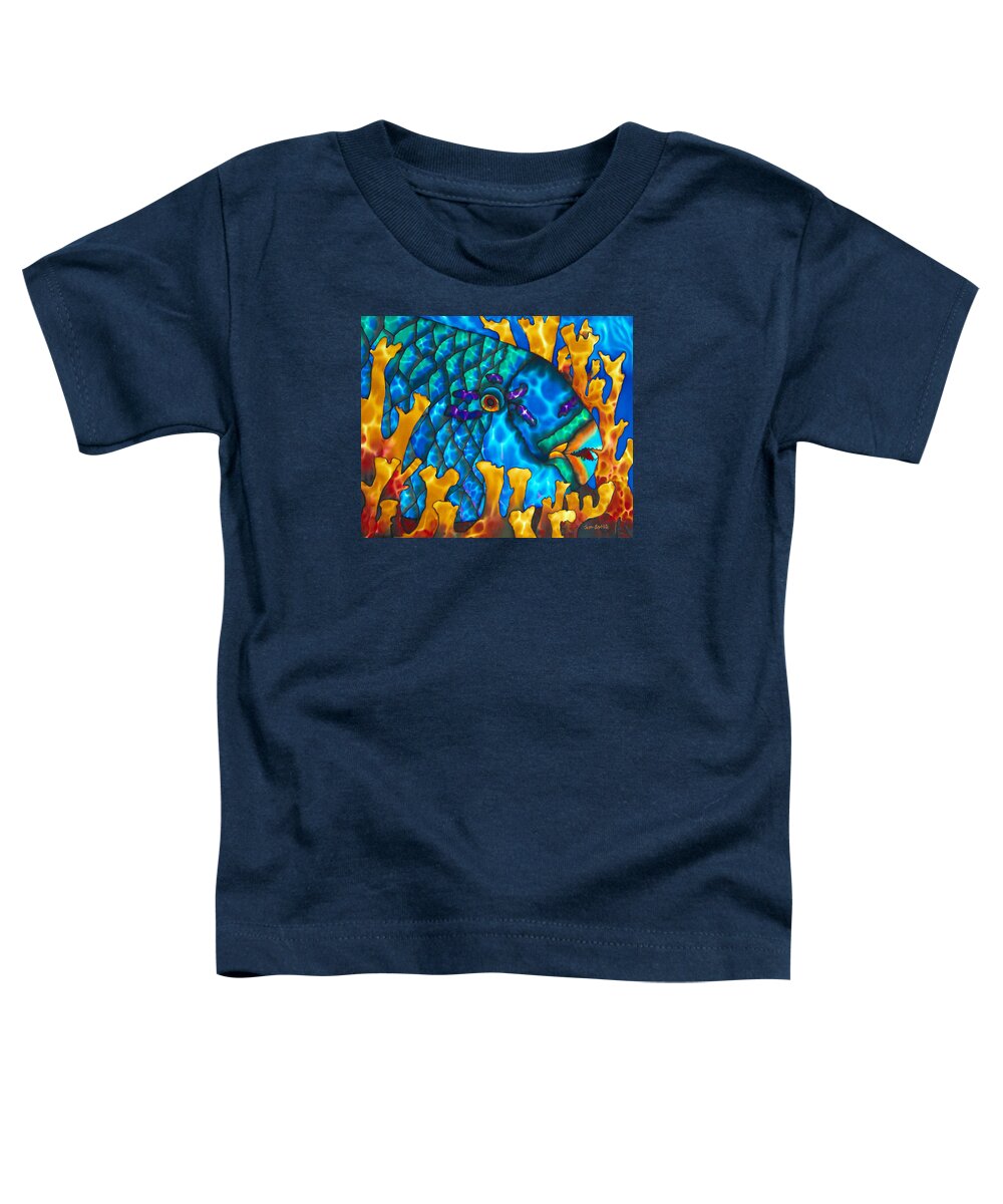 Diving Toddler T-Shirt featuring the painting Parrotfish and Fire coral by Daniel Jean-Baptiste