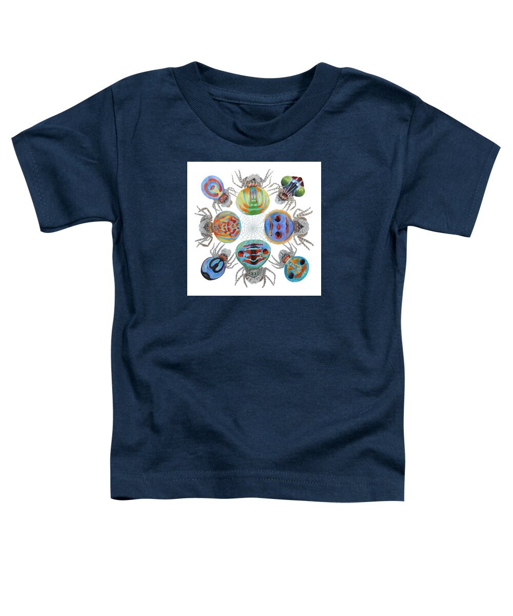 Peacock Spider Toddler T-Shirt featuring the painting Toxic Tango II Peacock Spiders by Lucy Arnold