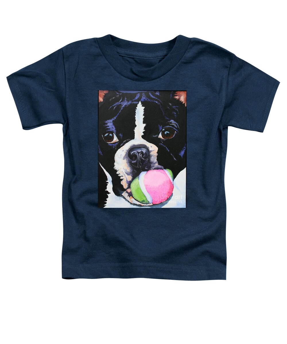 Boston Terrier Toddler T-Shirt featuring the painting Play Ball by Susan Herber