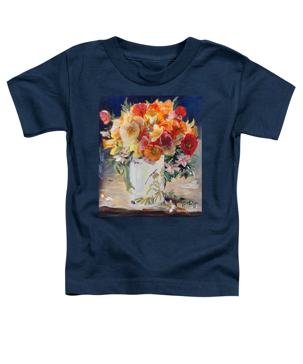 Poppies Toddler T-Shirt featuring the painting Poppies, clematis, and daffodils in porcelain vase. by Ryn Shell
