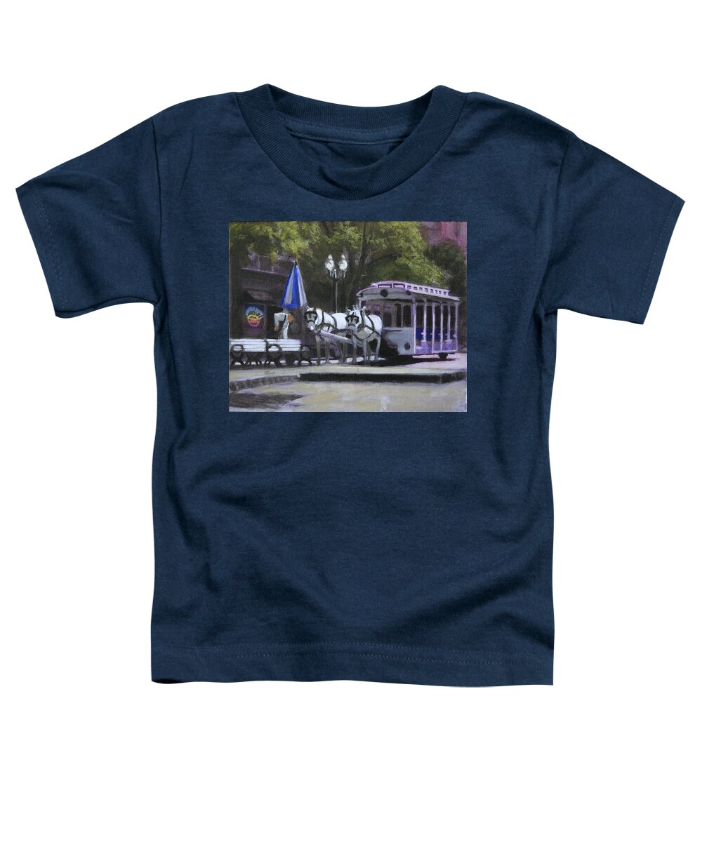 Horse Drawn Trolley Toddler T-Shirt featuring the painting Putting on the Feedbag by David Zimmerman