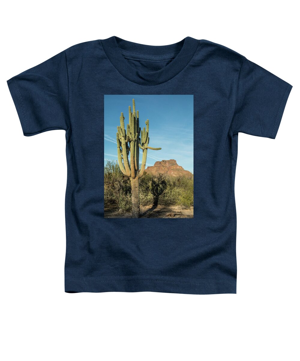 Red Toddler T-Shirt featuring the photograph Red Mountain and Saguaro Shadow 2439-032118-cr by Tam Ryan