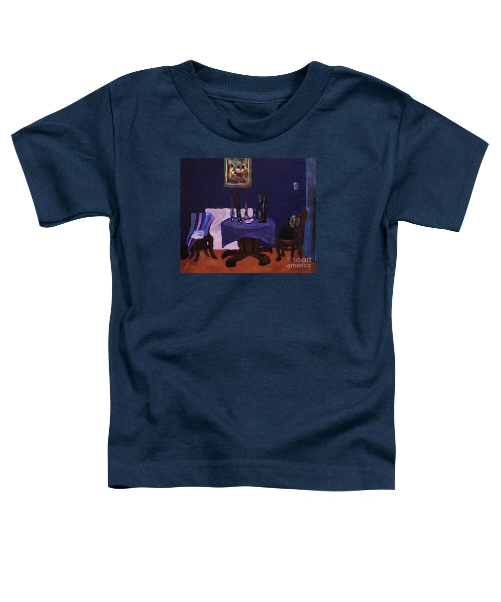 Talbe Chairs Dining Room Candles Blue Painting Toddler T-Shirt featuring the painting The Dining Room by Reb Frost