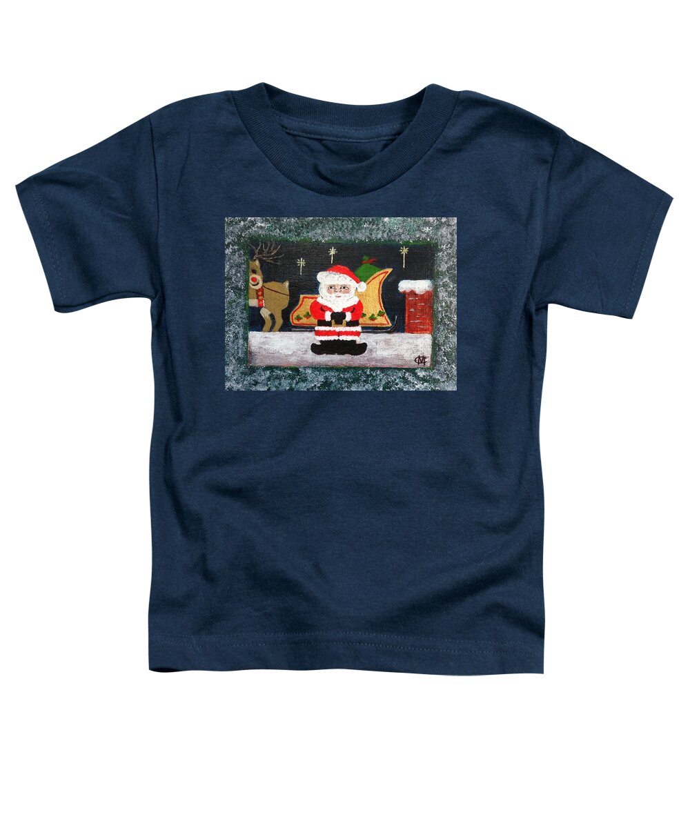 Santa Toddler T-Shirt featuring the painting Up on the Rooftop by Cynthia Morgan