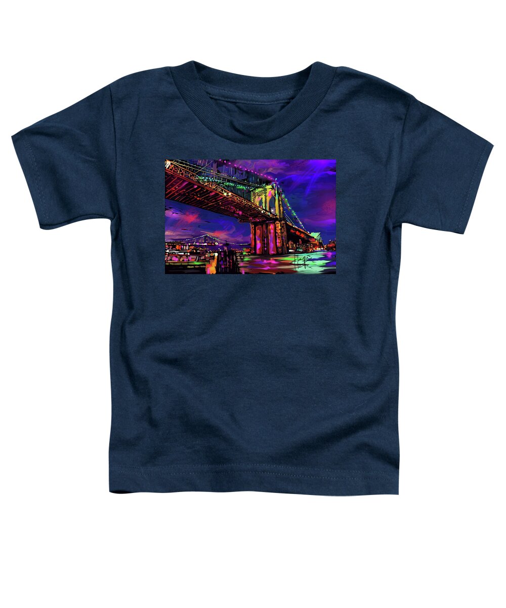 Brooklyn Toddler T-Shirt featuring the painting Brooklyn Bridge by DC Langer