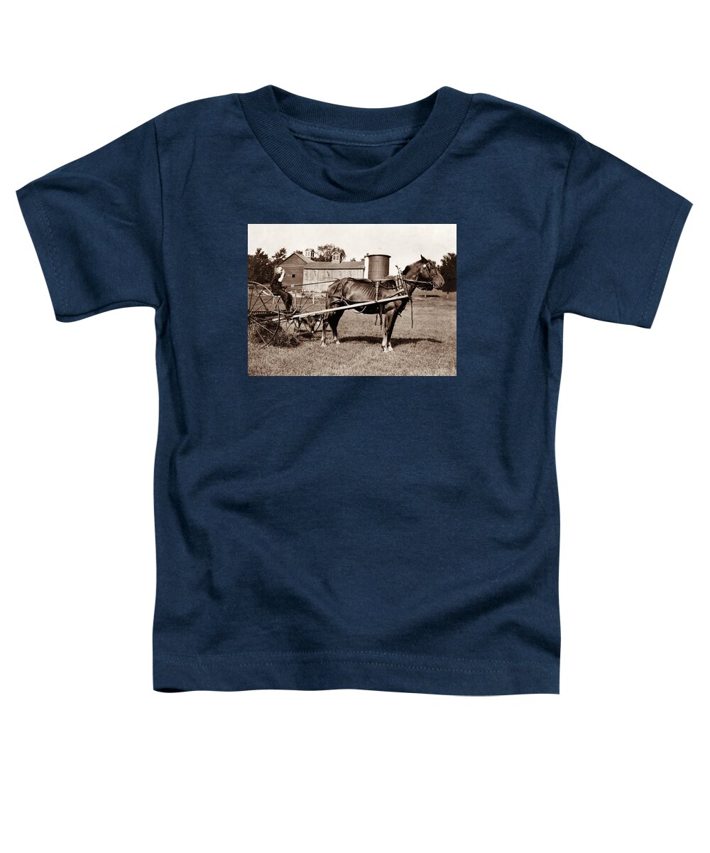 Farmboy Toddler T-Shirt featuring the photograph Child Farmer On A Horse Drawn Hay Rake - 1915 by War Is Hell Store